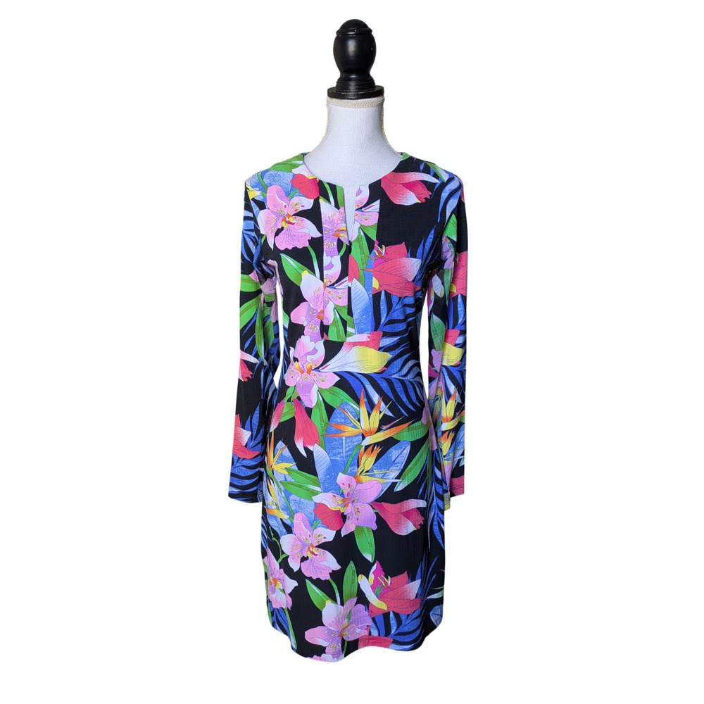 Ibkul Rio Black Floral Zip Front Crew Neck Dress Size XS Long Sleeve Golf UPF 50